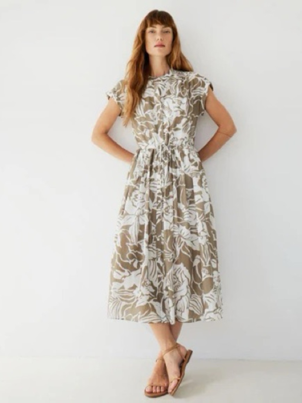 AYR Sway Midi Dress Drawstring Button Front A Line Cap Sleeve L Brown Tan Floral